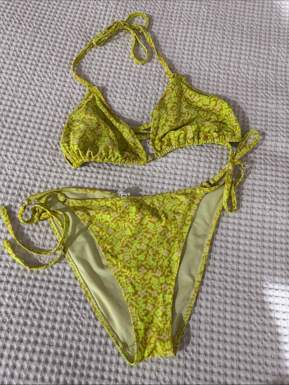aerie Neon Yellow Floral Triangle Tie Bikini